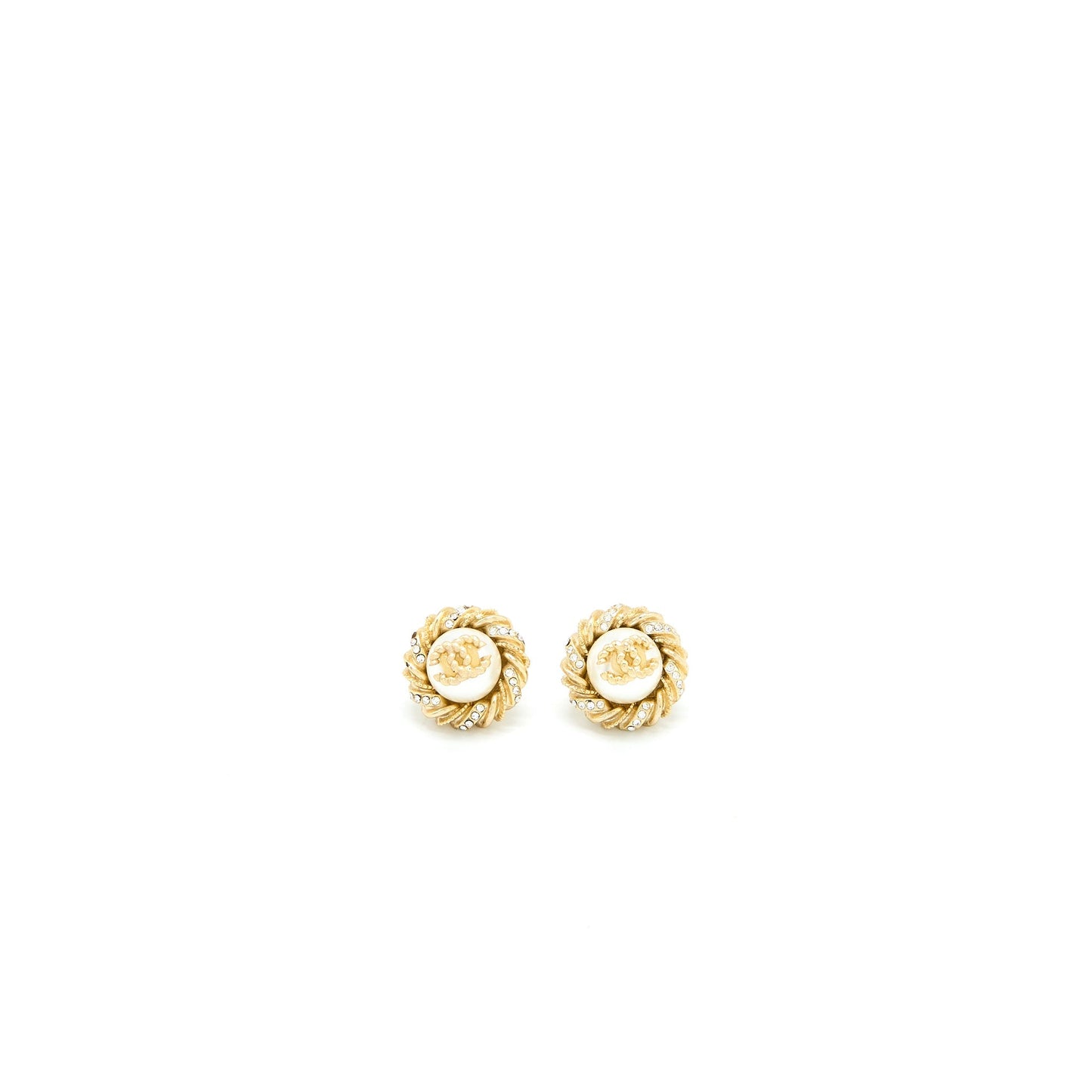 Chanel Round CC Logo Earrings Pearl/Crystal Light Gold Tone