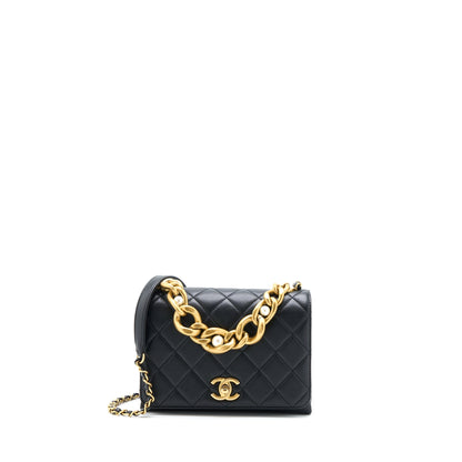 Chanel Seasonal Flap Bag Giant Chain Handle with Pearl Calfskin Black Brush GHW (Microchip)