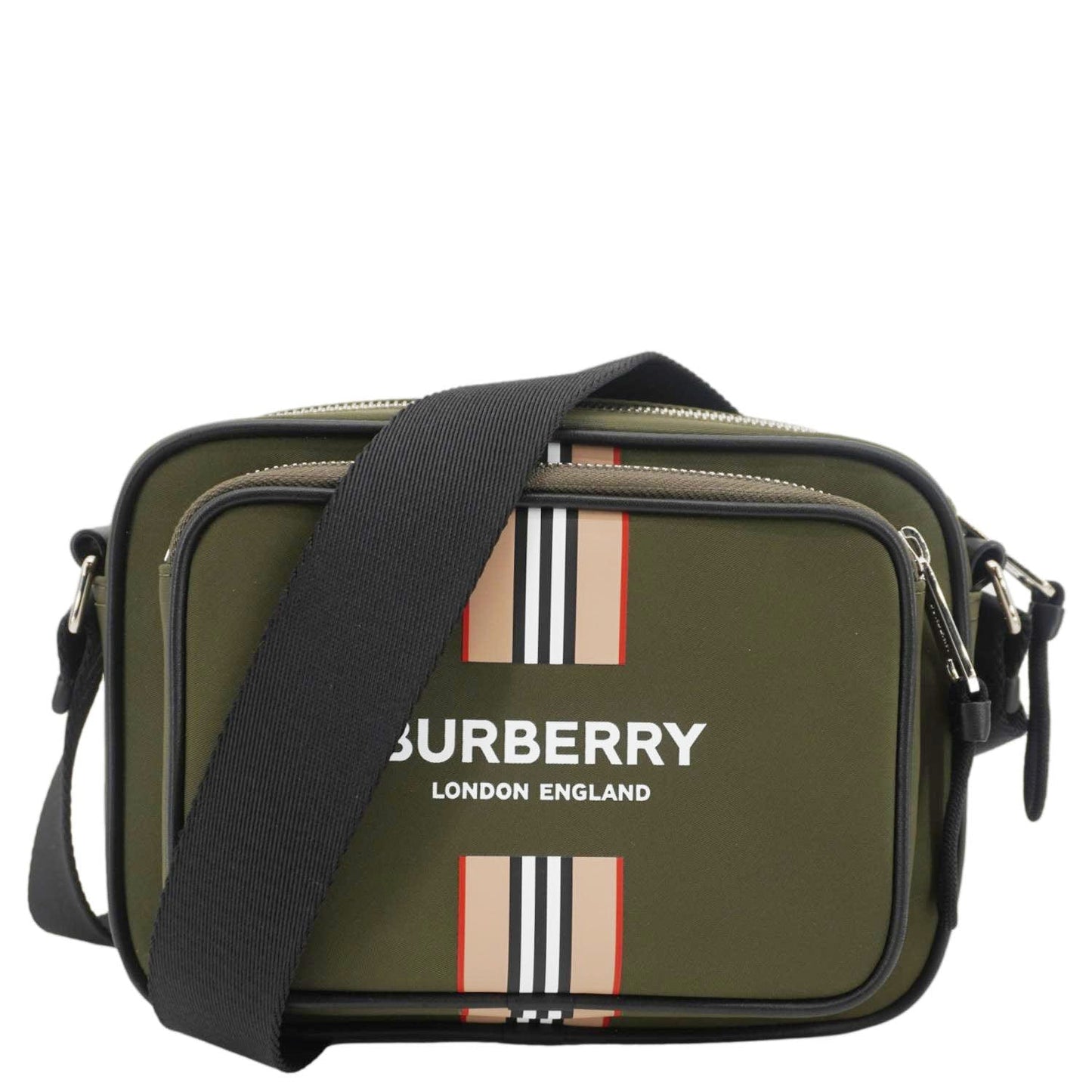 Luxury Burberry Top Striped Leather Crossbody Bag Green