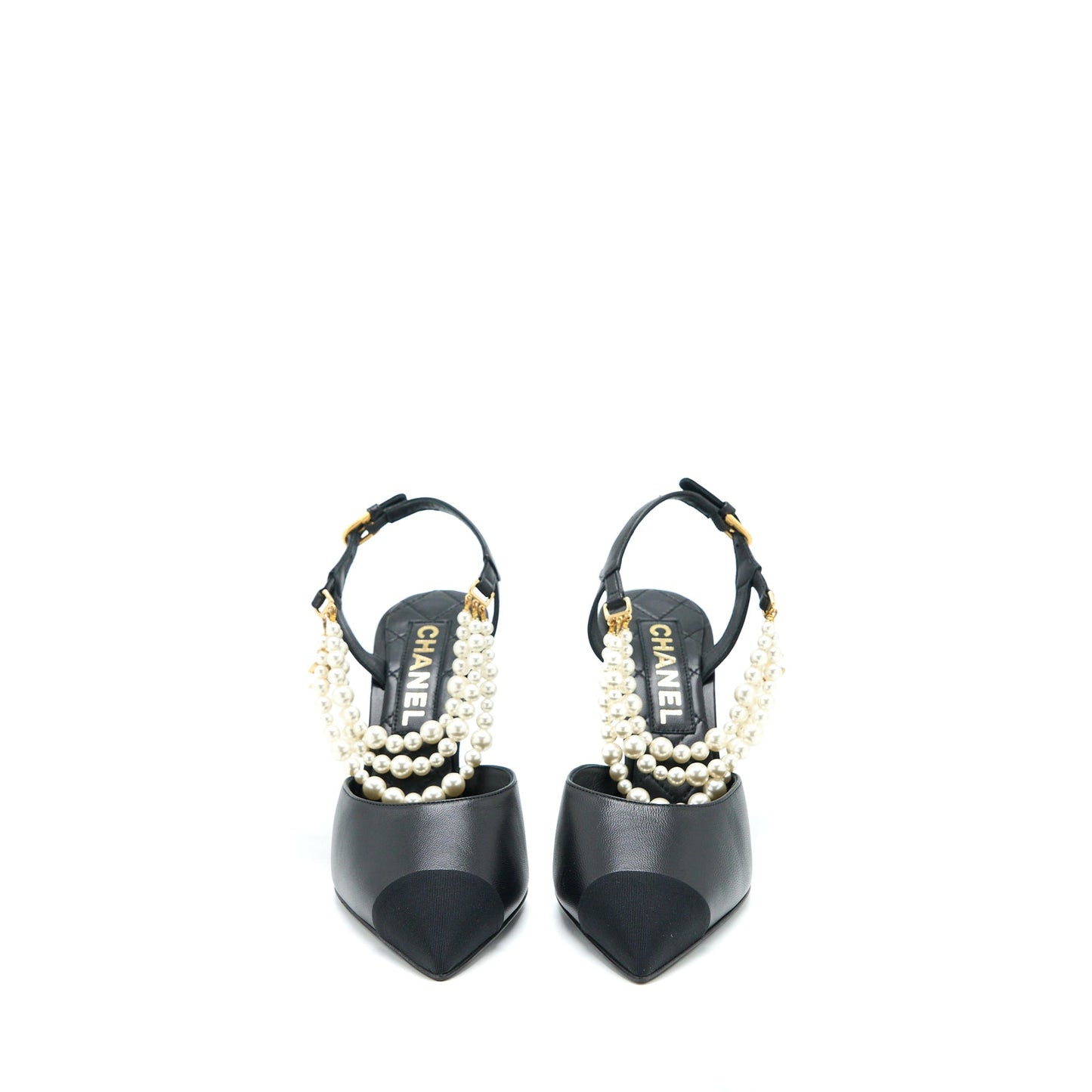 Chanel Size 39 Heel with Pearl Leather/Fabric Black GHW