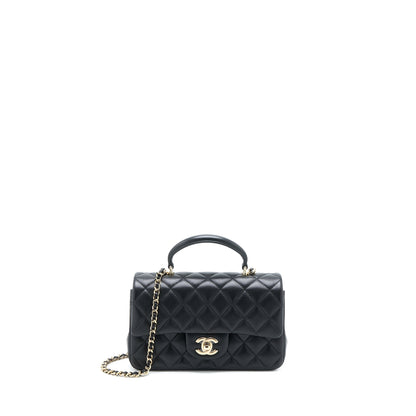 Chanel Top Handle Mini Rectangular Flap Bag Lambskin Black LGHW (Microchip)
