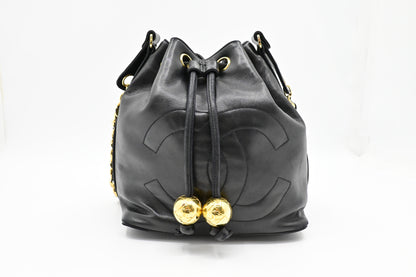 Chanel Drawstring Bucket Bag in Black Leather