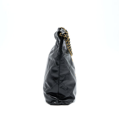 Chanel 22 Bag Medium Shiny Calfskin Black In Gold Letter GHW (Microchip)
