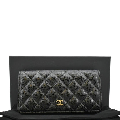 CHANEL Bifold Quilted Caviar Leather Long Wallet Black