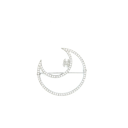 Chanel Crystal CC Crescent Moon Brooch Silver Tone