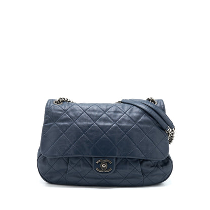 Chanel Flap Hobo Bag Calfskin Navy With Ruthenium Sliver Hardware
