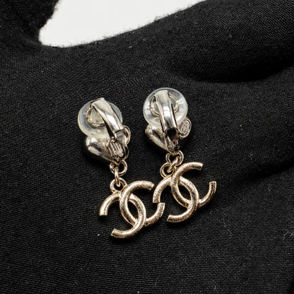 Chanel Crystal Heart CC logo Dropped Ear Clips Silver Tone