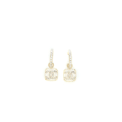 Chanel 23P Square CC Logo Drop Earrings Crystal Light Gold Tone