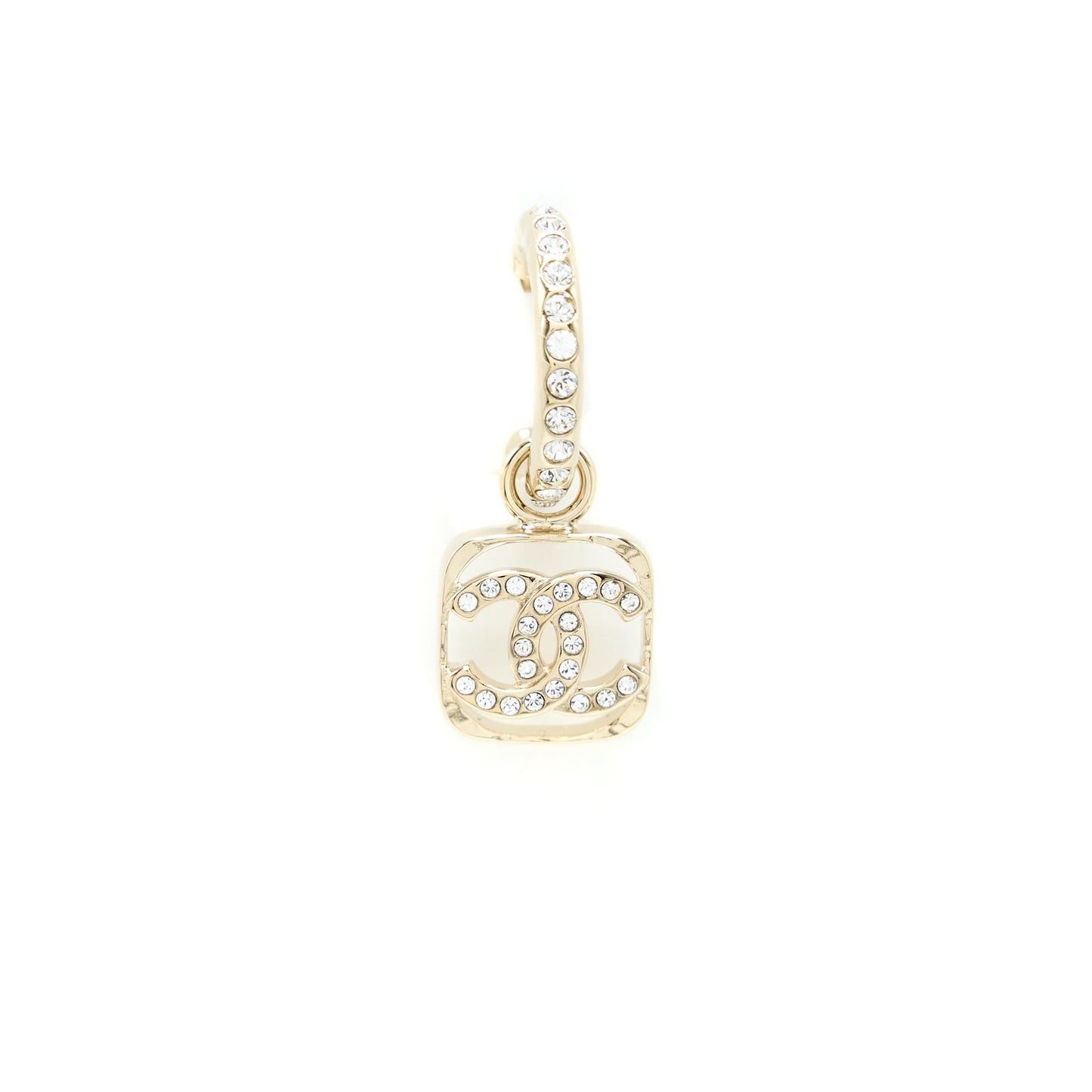Chanel 23P Square CC Logo Drop Earrings Crystal Light Gold Tone