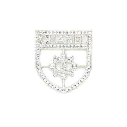 Chanel Shield Brooch Crystal Silver Tone