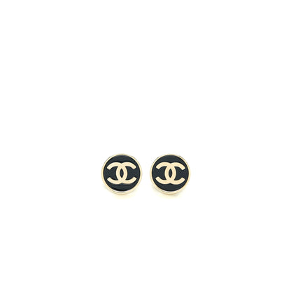 Chanel Round and CC Logo Earrings Black/Light Gold Tone