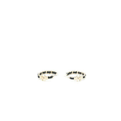 Chanel CC Logo/Leather Chain Small Hoop Earrings Light Gold Tone