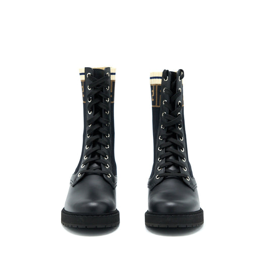 FENDI Size 37 Black Leather Biker Boots With Stretch Fabric