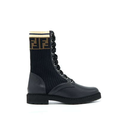 FENDI Size 37 Black Leather Biker Boots With Stretch Fabric
