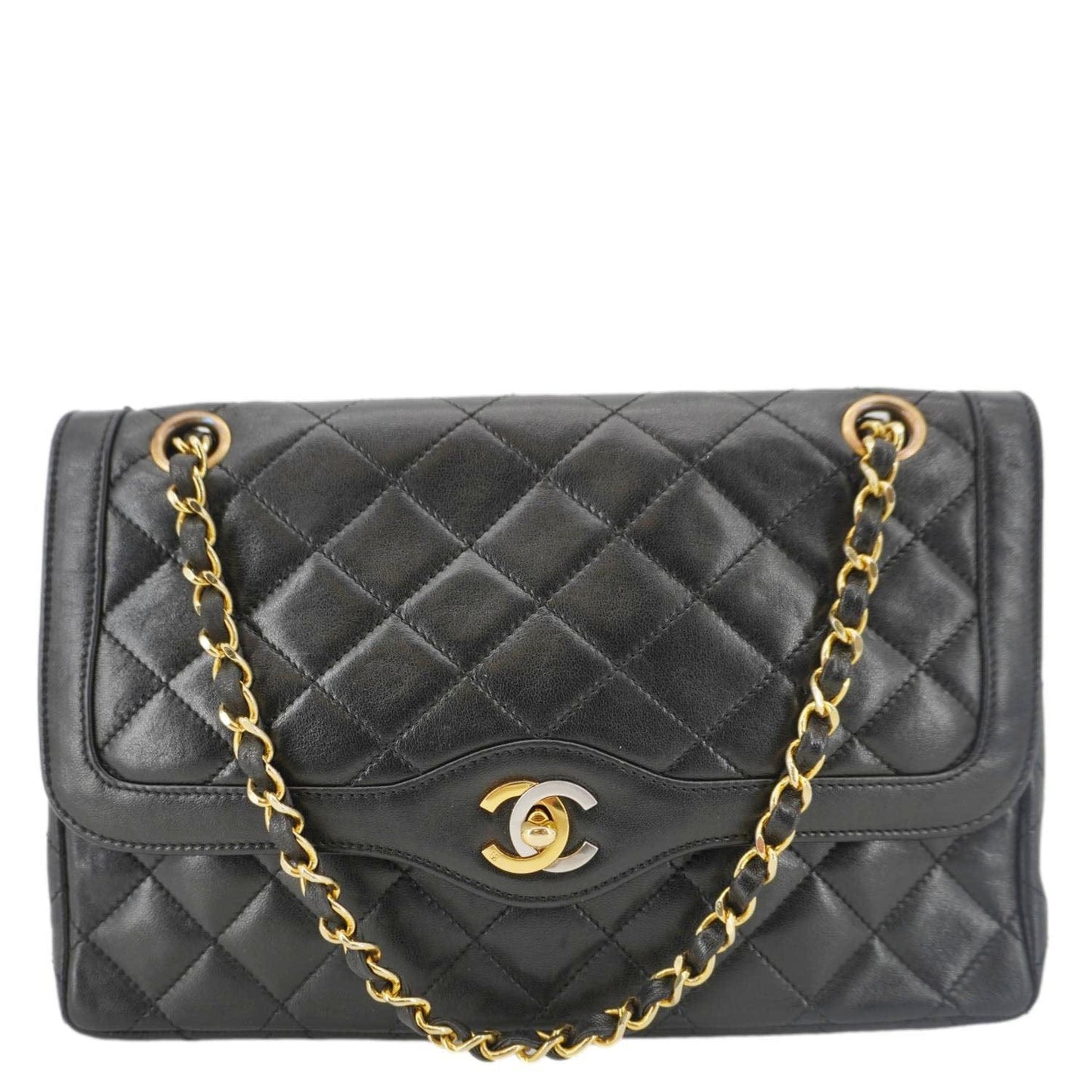 CHANEL Paris Two-Tone CC Logo Quilted Leather Shoulder Bag Black