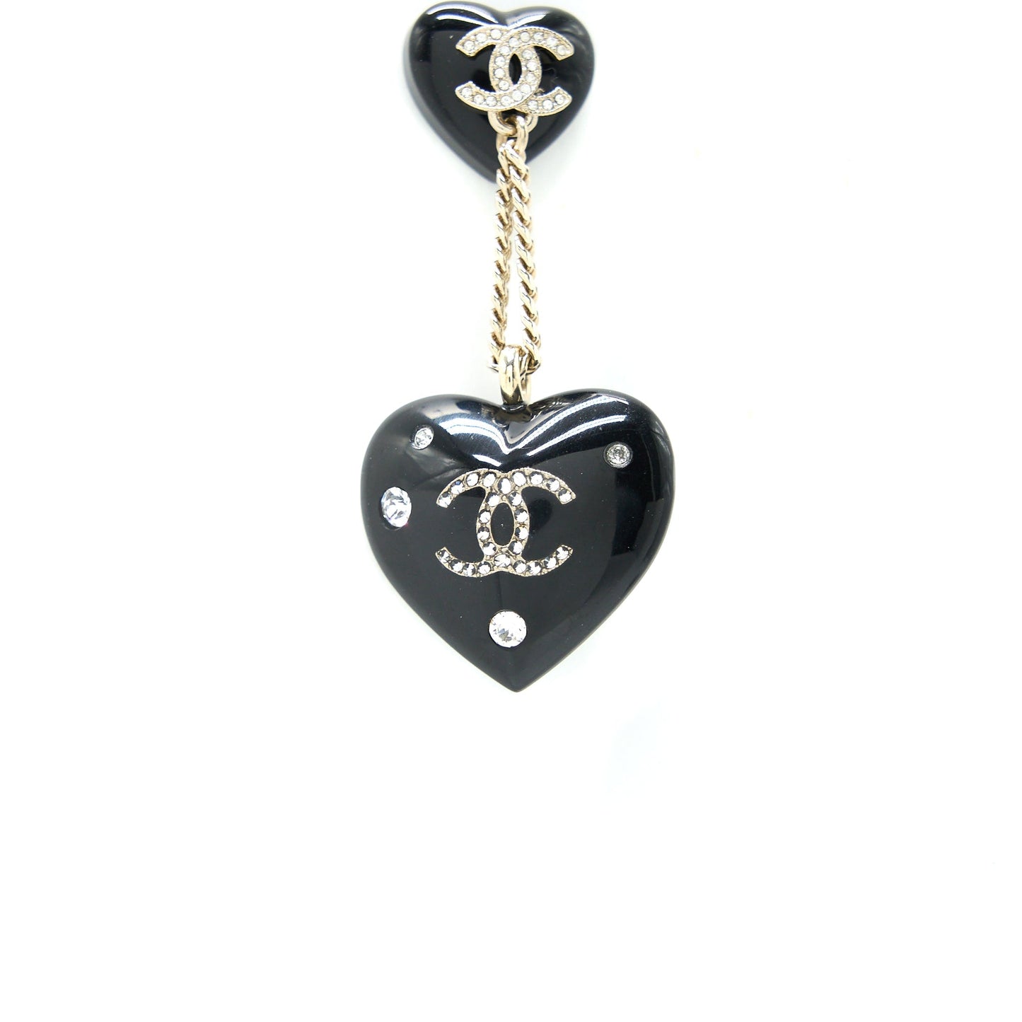Chanel Double Heart Drop Earrings Crystal Black Silver Tone
