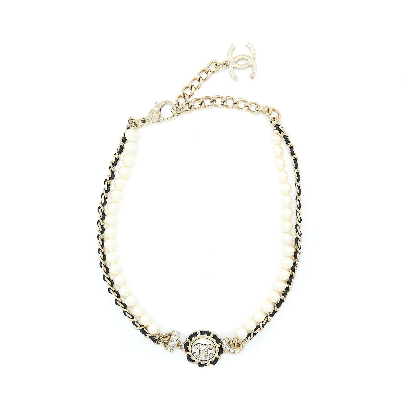 Chanel Crystal CC Logo Leather Chain/ Pearl Chocker Light Gold Tone