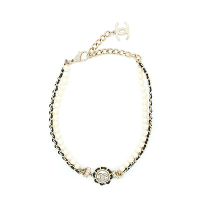 Chanel Crystal CC Logo Leather Chain/ Pearl Chocker Light Gold Tone