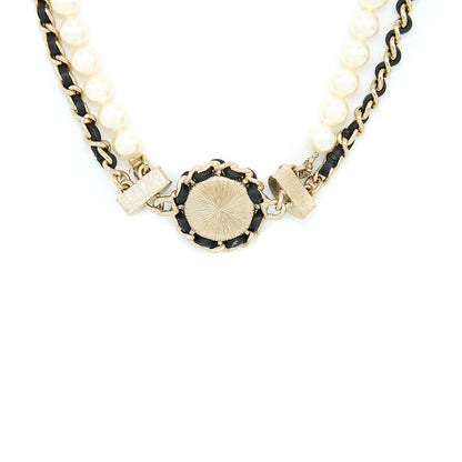 Chanel Crystal CC Logo Leather Chain/ Pearl Chocker Light Gold Tone