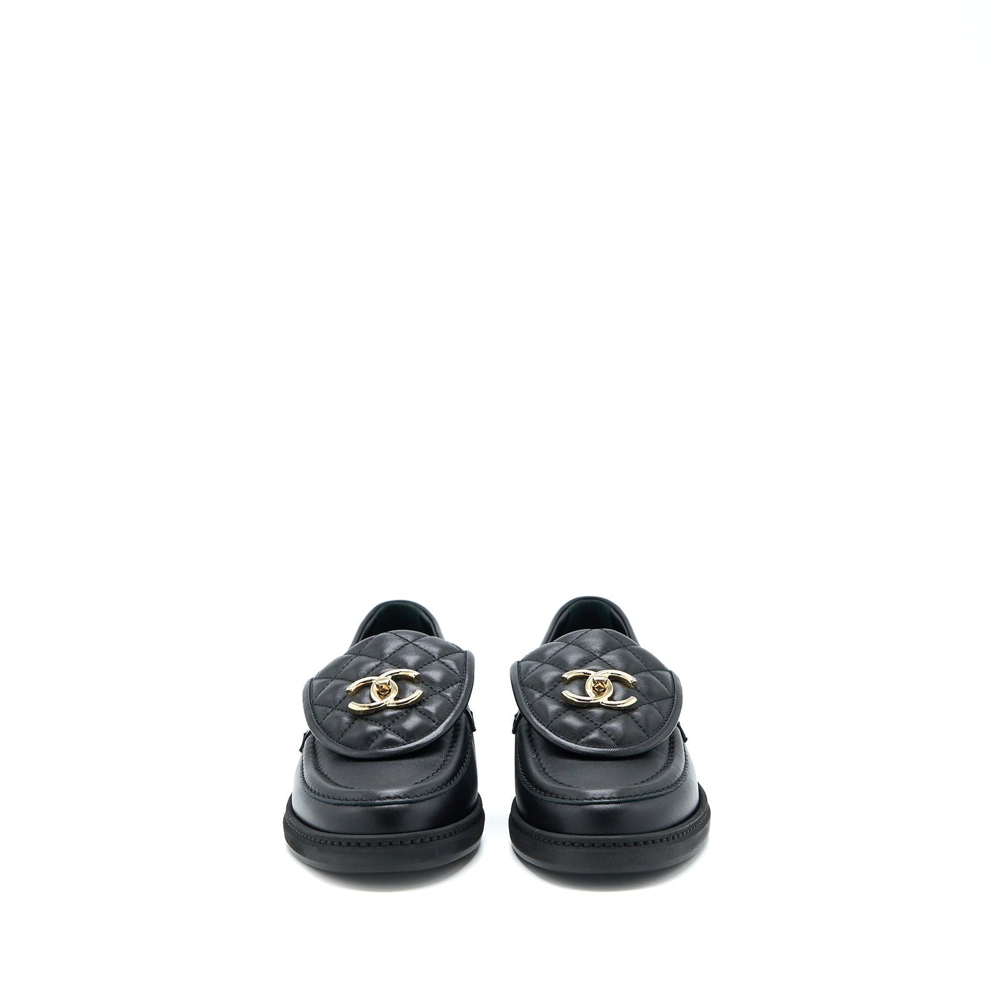 Chanel Size 37.5 Turnlock Loafers Quilted Leather Black LGHW