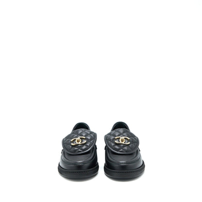 Chanel Size 37.5 Turnlock Loafers Quilted Leather Black LGHW