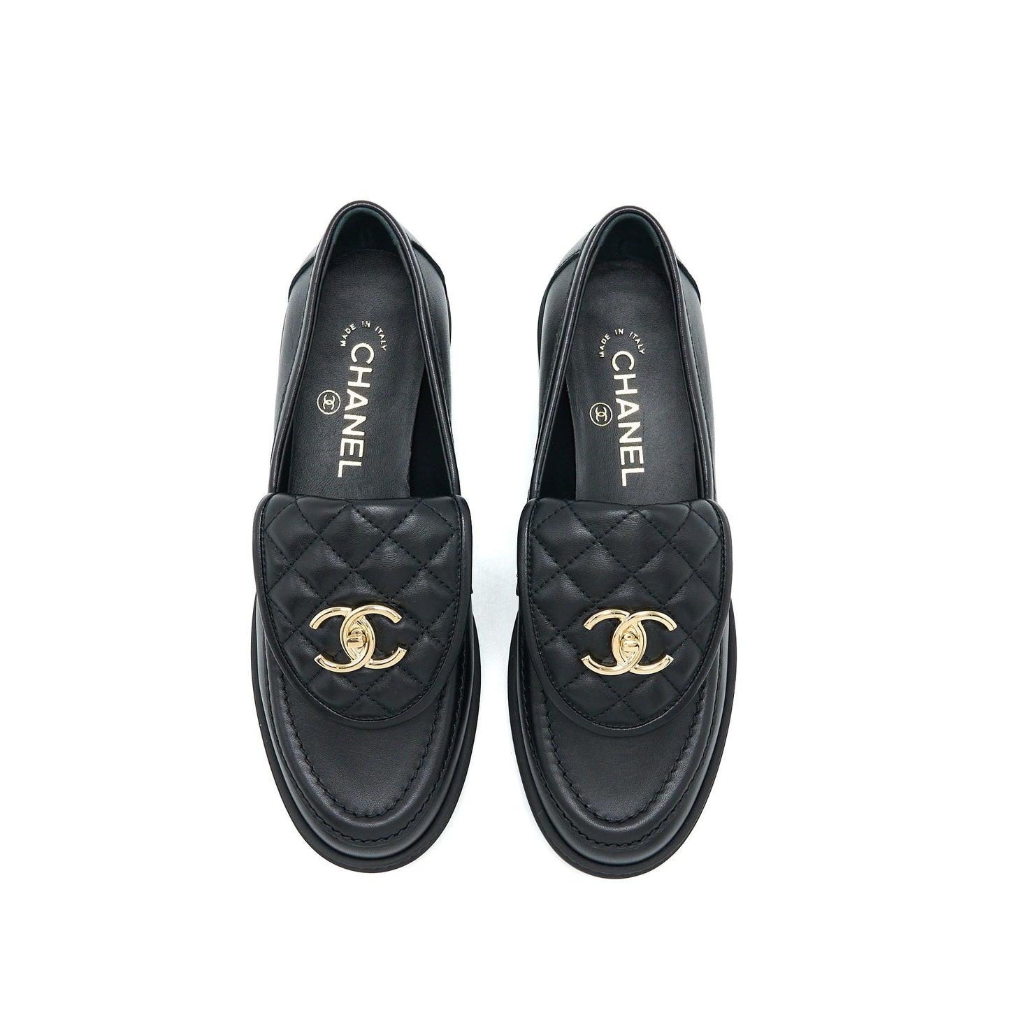 Chanel Size 37.5 Turnlock Loafers Quilted Leather Black LGHW