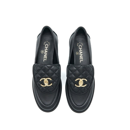 Chanel Size 37.5 Turnlock Loafers Quilted Leather Black LGHW