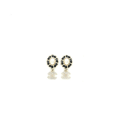 Chanel Crystal CC Logo Drop Earrings Leather Pearl Light Gold Tone