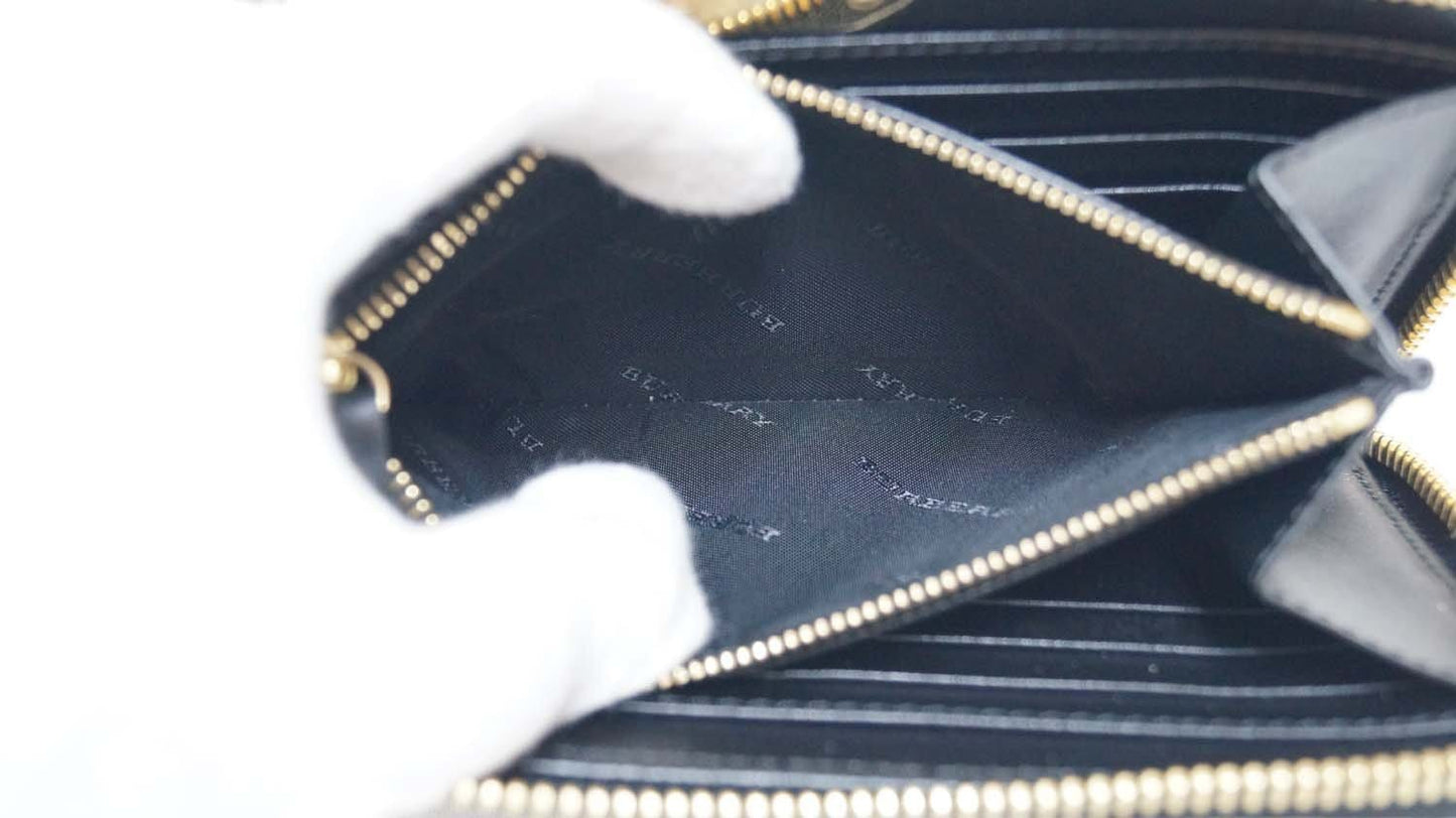BURBERRY Embossed Check Leather Zip Around Wallet Black