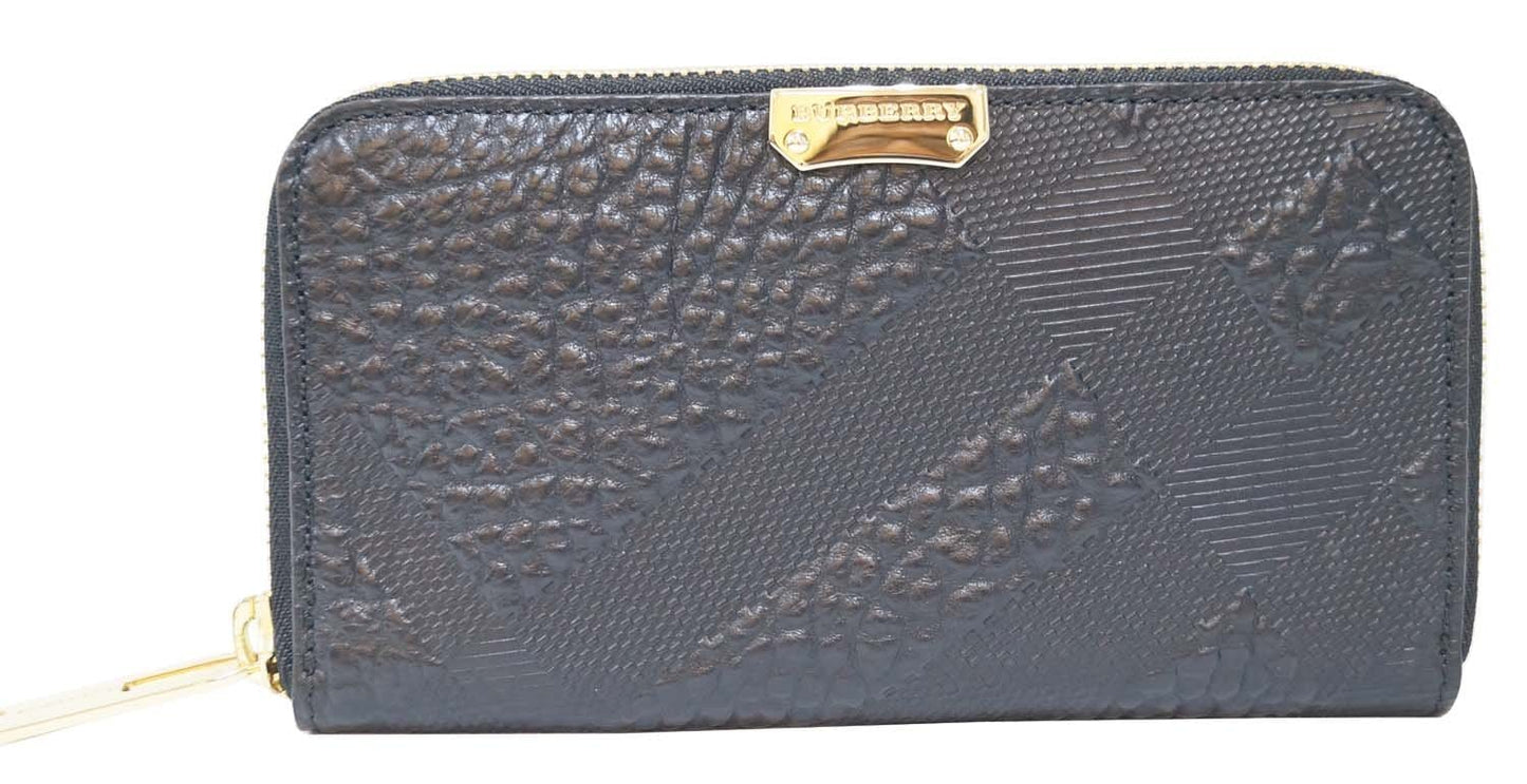 BURBERRY Embossed Check Leather Zip Around Wallet Black