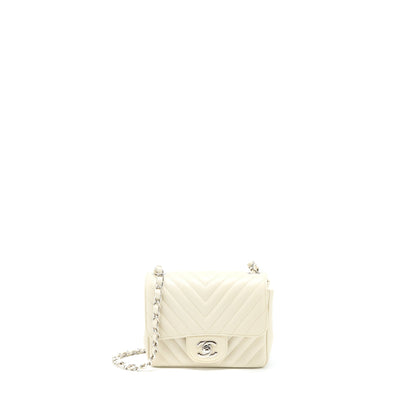 Chanel 21c Mini Square Flap Bag Chevron Lambskin Beige SHW