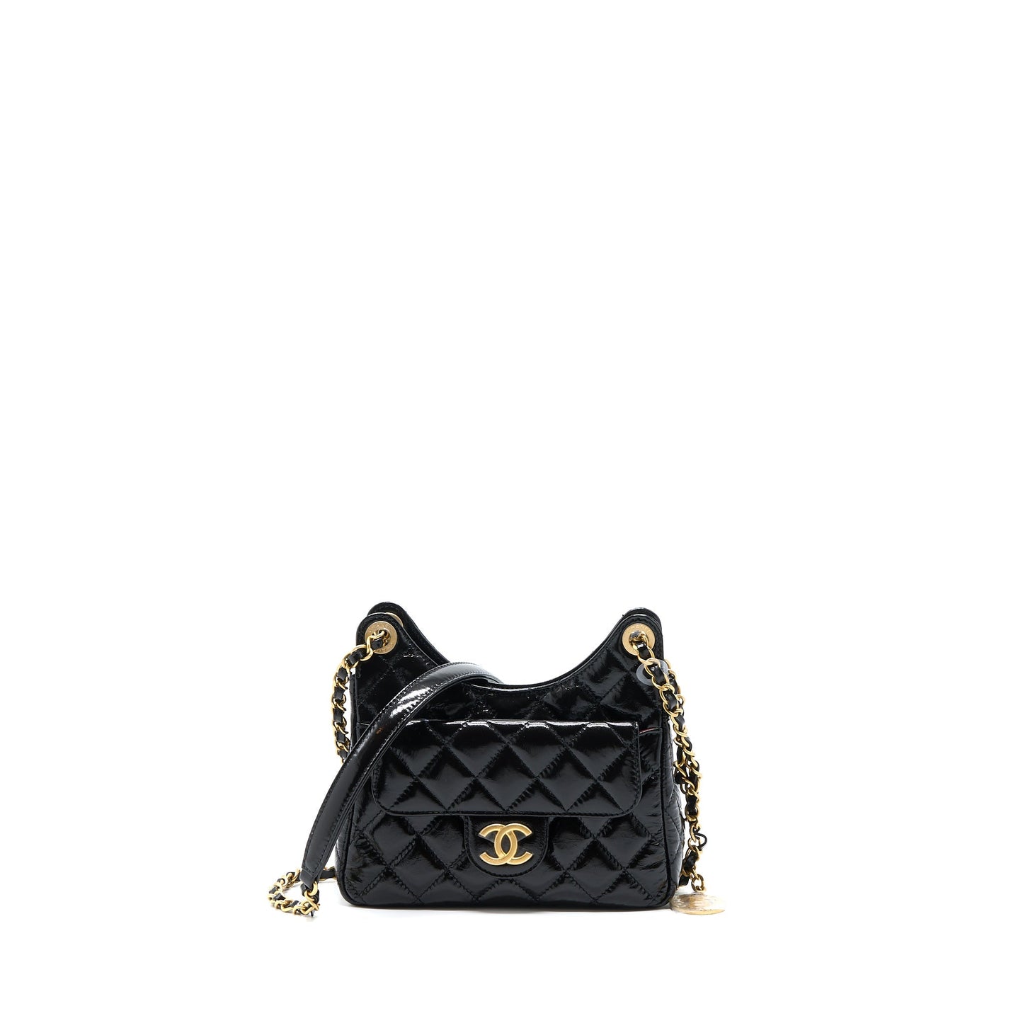 Chanel 23c Small Hobo Bag Shiny Calfskin Black Brushed GHW (Microchip)