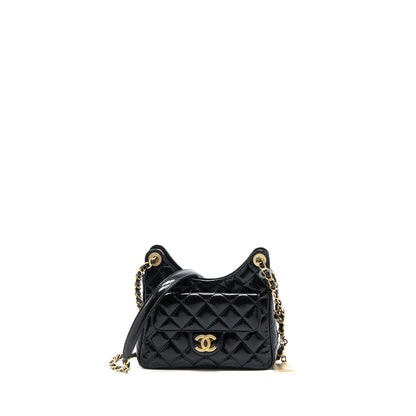 Chanel 23c Small Hobo Bag Shiny Calfskin Black Brushed GHW (Microchip)