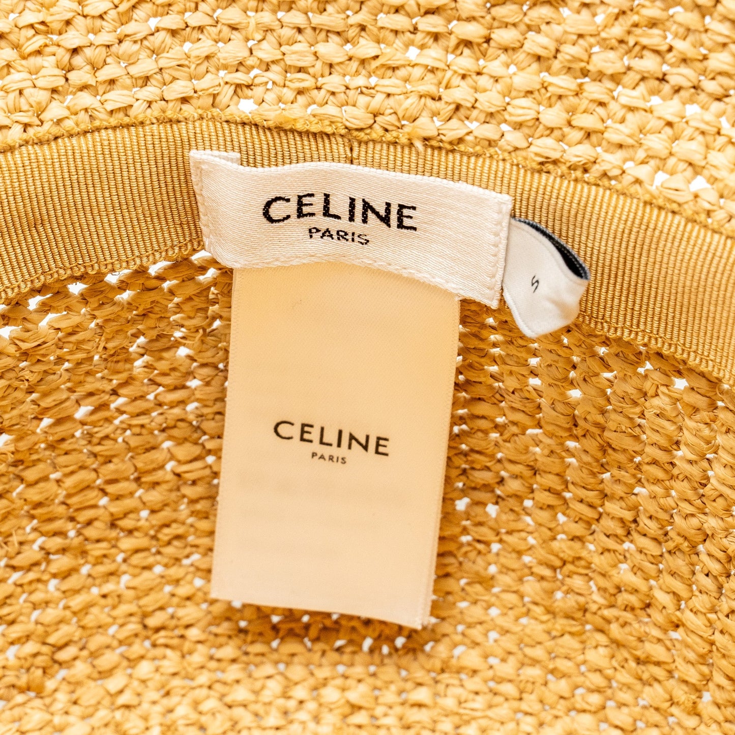 CELINE Size S Triomphe Bucket Hat In Raffia Natural/Black