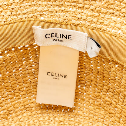 CELINE Size S Triomphe Bucket Hat In Raffia Natural/Black