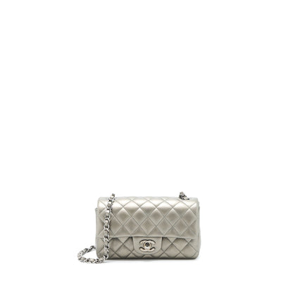 Chanel 21B Mini Rectangular Flap Bag Calfskin Metallic Silver hiny Ruthenium Hardware (Microchip)