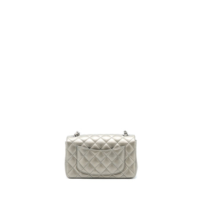 Chanel 21B Mini Rectangular Flap Bag Calfskin Metallic Silver hiny Ruthenium Hardware (Microchip)