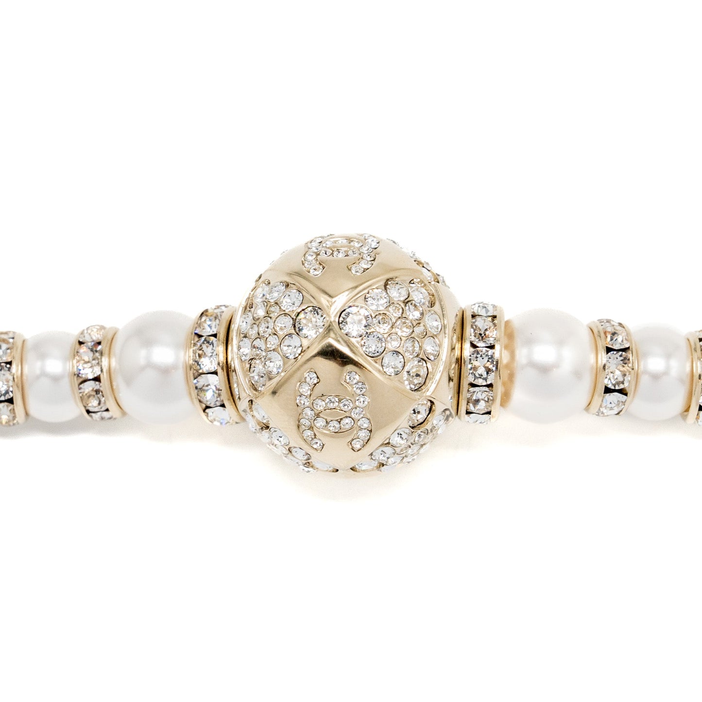 Chanel Crystal & Pearl CC Logo Bracelet Light Gold Tone