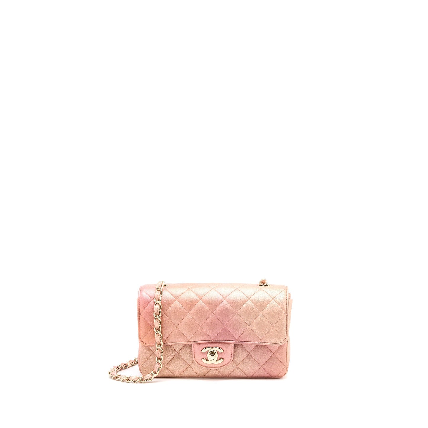 Chanel 21S Mini Rectangular Flap Bag Metallic Grained Lambskin OmbrÃ© Rose Gold LGHW