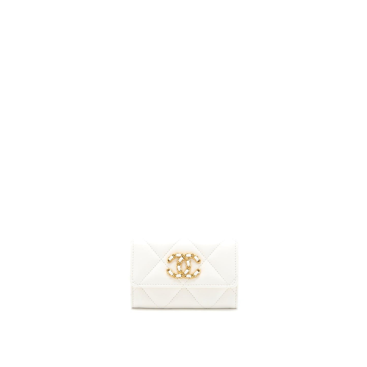 Chanel 19 Flap Card Holder Lambskin White Brushed GHW (Microchip)