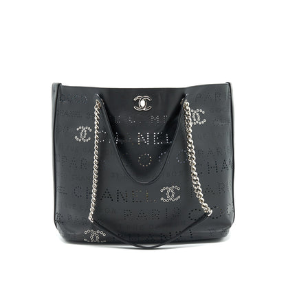 Chanel Eyelet Logo Calfskin Tote Bag Black/ Blue SHW