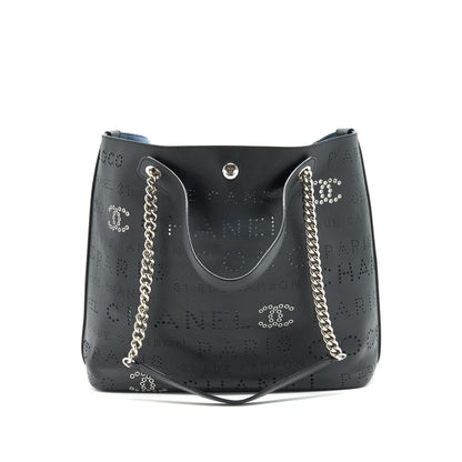 Chanel Eyelet Logo Calfskin Tote Bag Black/ Blue SHW