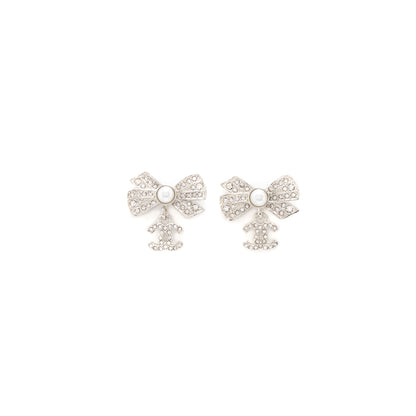 Chanel Bow/CC Logo Drop Earrings Crystal/Pearl Silver Tone