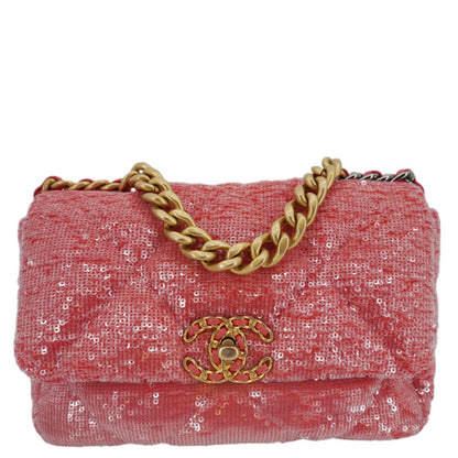 CHANEL 19 Medium Flap Quilted Sequin Shoulder Bag Hot Pink