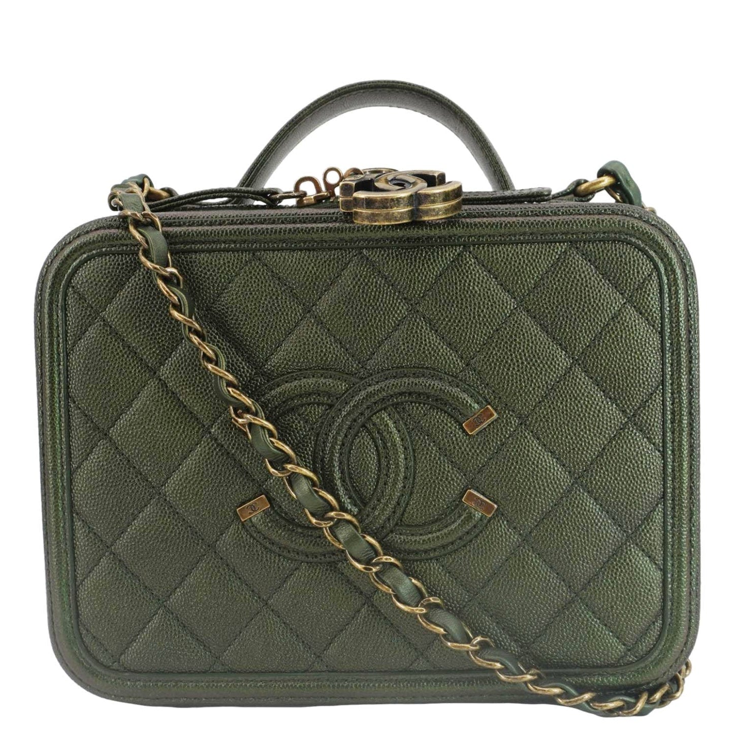 CHANEL Vanity Case Filigree CC Iridescent Quilted Caviar Leather Shoulder Bag Green
