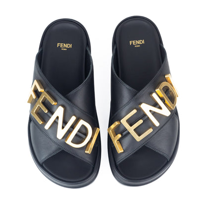 Fendi Fendigraphy Black Leather Slides