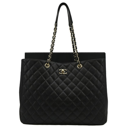 CHANEL Large CC Quilted Leather Tote Shoulder Bag Black