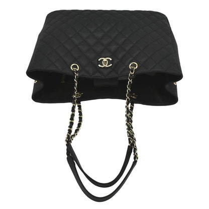 CHANEL Large CC Quilted Leather Tote Shoulder Bag Black