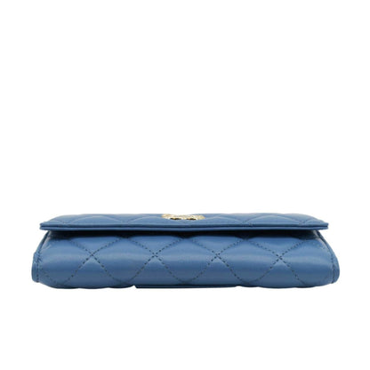 CHANEL Ribbon Leather Long Clutch Crossbody Bag Blue