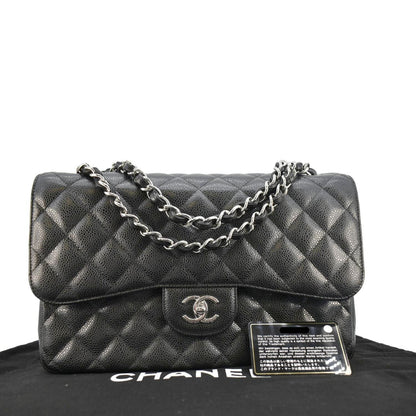 CHANEL Jumbo Classic Double Flap Quilted Caviar Leather Shoulder Bag Black